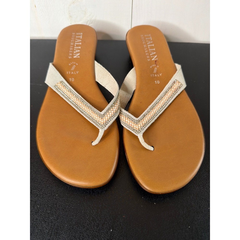 Italian Shoemakers Cream Tan Beaded Rhinestone Wedge Thong Sandals Women's 10